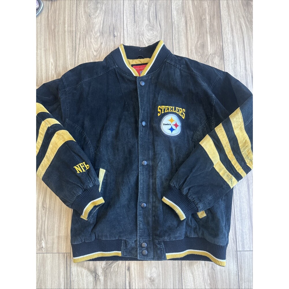Vintage Pittsburgh Steelers Jacket Mens Large Black NFL Football Leather Bomber